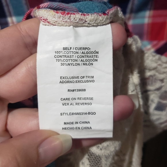 Hint of Mint Lace Back Red Boyfriend Plaid Rolltab Long Sleeve - Picture 7 of 7